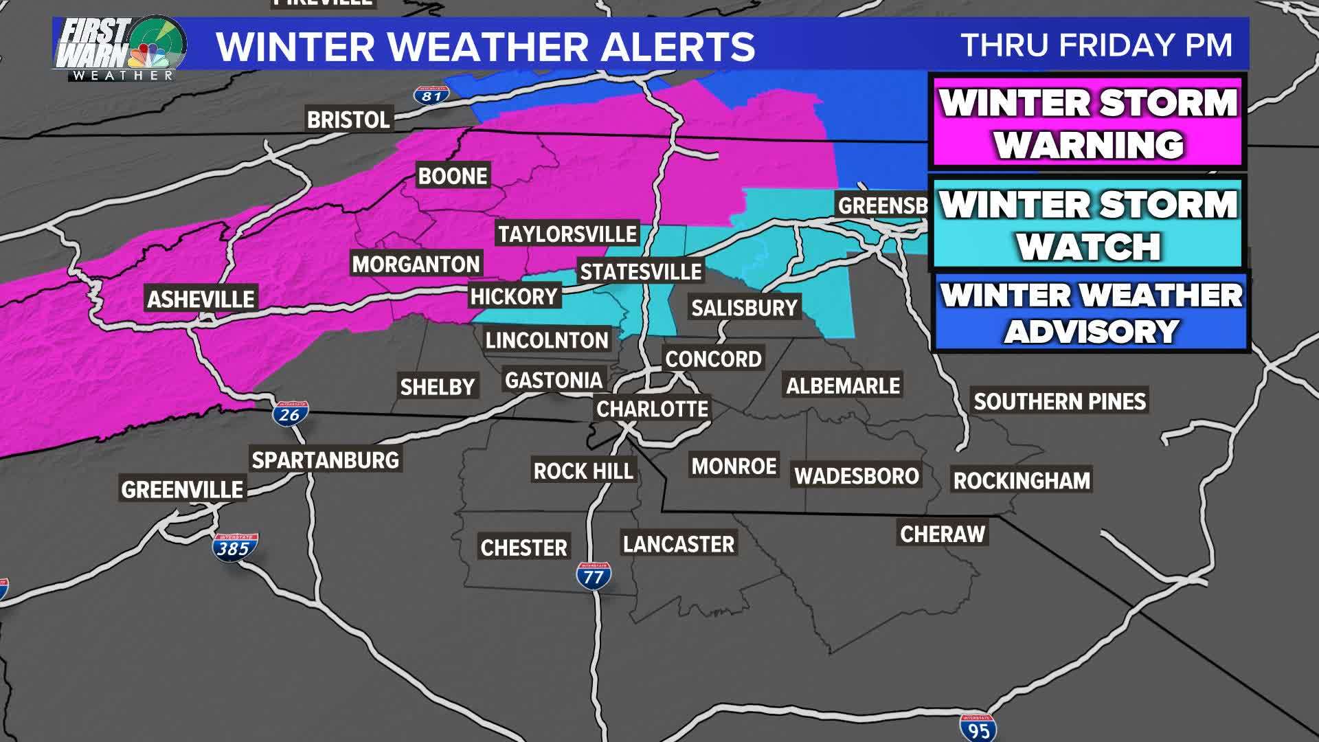 Weather map of North Carolina counties showing where a freeze alert is in effect